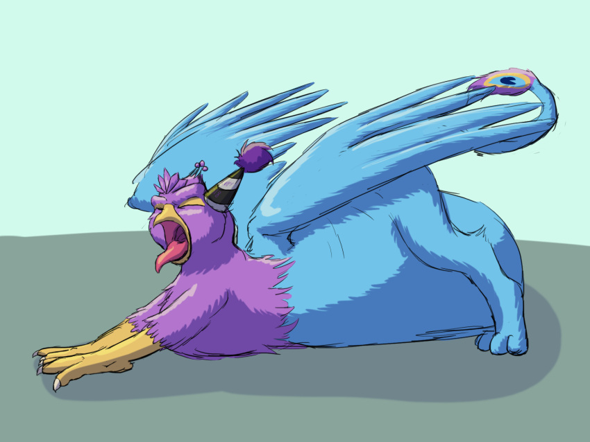 4:3 after_vore avian beak belly big_belly bird bird_feet blue_body eyes_closed feathered_wings feathers feral feral_pred galliform gryphon gyro_feather gyrotech hi_res hyper hyper_belly larger_pred male male_pred mythological_avian mythology open_mouth paws peafowl phasianid pink_body quadruped silent_e tail_tuft tuft vore weight_gain wings yawn