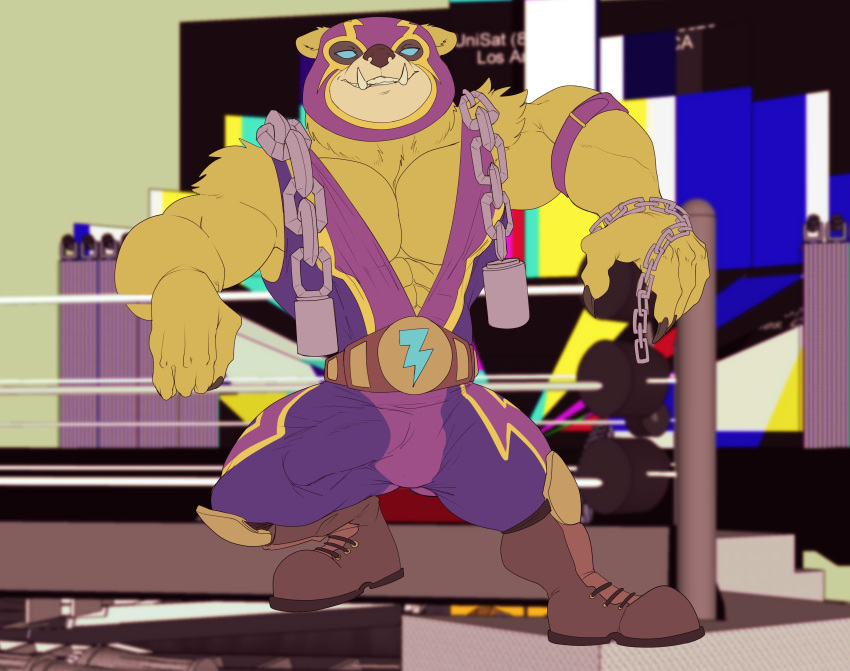 2021 4_fingers absurd_res alternate_color alternate_costume anthro balls_outline belly belt big_bulge blue_eyes boots bristol brown_arms brown_belly brown_body brown_boots brown_chest brown_claws brown_clothing brown_ears brown_face brown_fingers brown_footwear brown_fur brown_hands brown_nose bulge claws clothed_anthro clothed_male clothing colored detailed_background digital_drawing_(artwork) digital_media_(artwork) ear_tuft fighting_ring fingers flat_colors footwear front_view full-length_portrait fur genital_outline hi_res humanoid_hands inside league_of_legends lightning_bolt male mammal mask multicolored_clothing muscular muscular_anthro muscular_male no_pupils no_sclera open_mouth open_smile penis_outline portrait purple_clothing purple_mask riot_games smile smiling_at_viewer sports_mask sportswear standing tan_face tuft two_tone_clothing two_tone_face two_tone_mask ursid video_games volibear wrestling_mask wrestling_outfit wrestling_singlet yellow_clothing yellow_mask