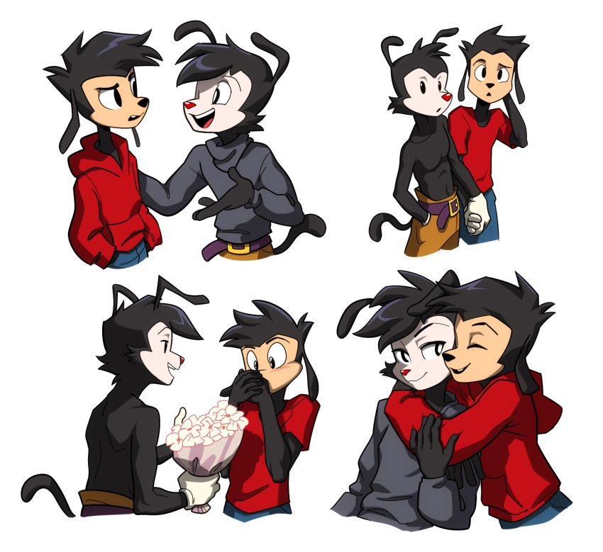 animaniacs anthro belt black_eyes black_nose bottomwear bouquet canid canine canis clasped_hands clothed clothing disney domestic_dog duo embrace eye_contact eyes_closed flirting flower flower_bouquet gloves goof_troop half-closed_eyes hand_holding handwear happy hi_res holding_object hug inkblot looking_at_another looking_at_viewer looking_down love male male/male mammal max_goof narrowed_eyes pants plant red_nose shirt simple_background smile standing sweater topwear unknown_artist warner_brothers white_background yakko_warner