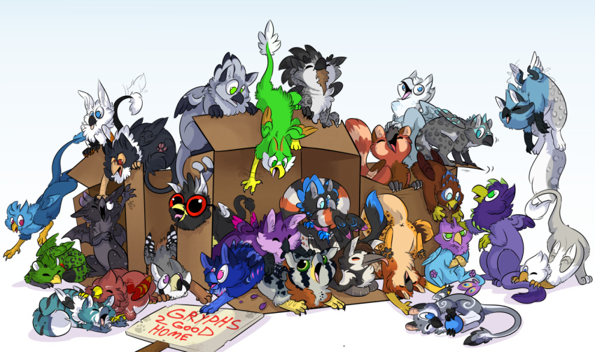 avian beak bird bird_feet blue_body box chibi container der feathered_wings feathers female feral galliform green_eyes group gryphon gyro_feather kranos_wildtalon male mythological_avian mythology paws peafowl phasianid pink_body quadruped saewin stupidshepherd tail_tuft tuft wings young
