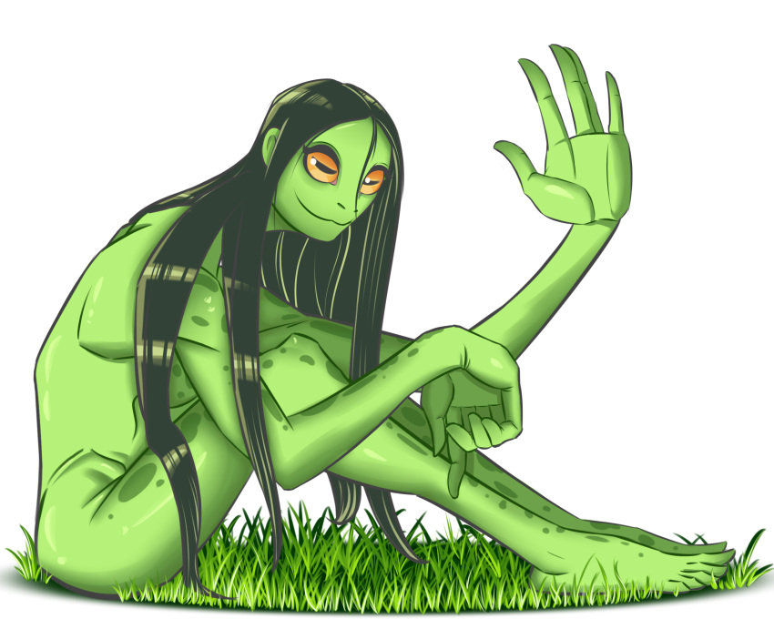 2021 5:4 amphibian breasts digital_drawing_(artwork) digital_media_(artwork) fantasy000 female frog grass green_body green_skin hair hi_res horizontal_pupils humanoid looking_at_viewer non-mammal_breasts plant pupils scp-811 scp_foundation smile solo