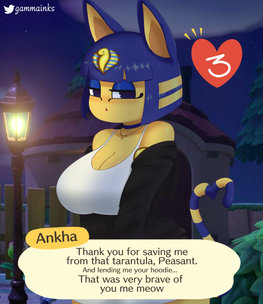 &lt;3 absurd_res animal_crossing ankha_(animal_crossing) big_breasts blue_hair breasts cleavage clothed clothing dialogue domestic_cat english_text felid feline felis female gammainks hair header header_box hi_res mammal nintendo number numbered_heart outside solo text text_header video_games yellow_body