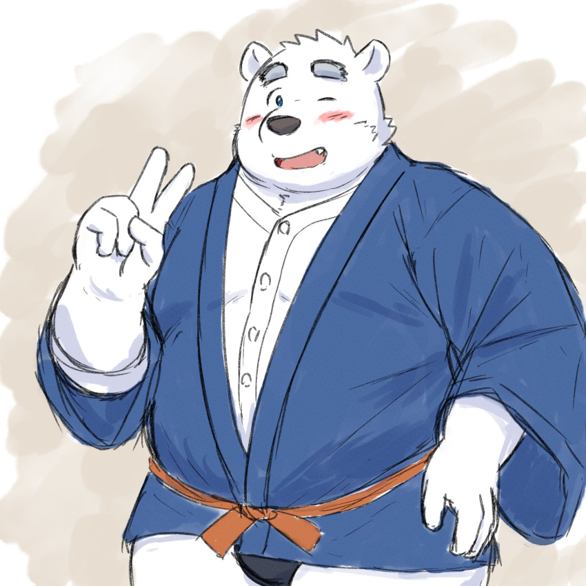 1:1 2021 anthro asian_clothing belly black_clothing black_fundoshi black_nose black_underwear blush clothing east_asian_clothing fundoshi hi_res humanoid_hands japanese_clothing kemono male mammal overweight overweight_male polar_bear shirane_kan solo underwear ursid ursine utau white_body yaki_atsuage