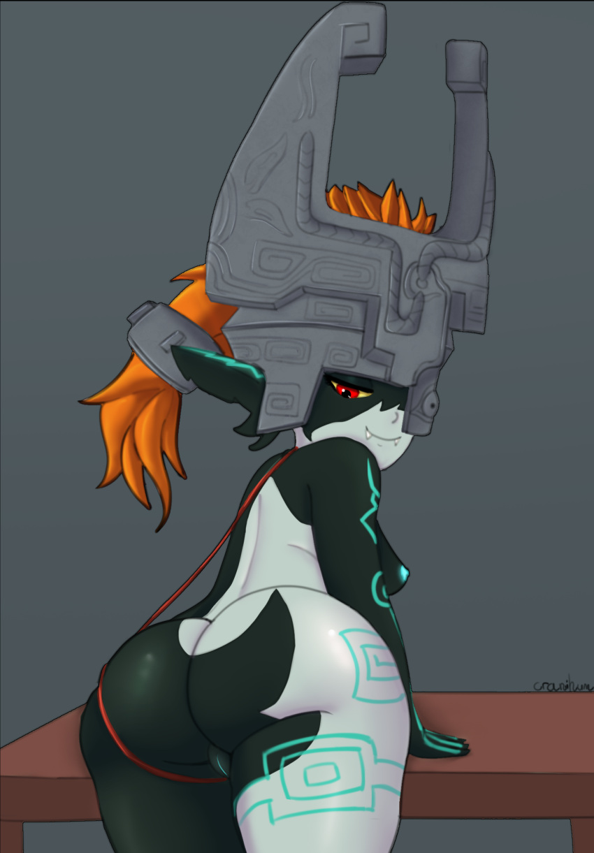 2021 armor bent_over breasts butt cranihum fangs female genitals headgear helmet hi_res humanoid humanoid_pointy_ears imp looking_back midna mostly_nude nintendo not_furry one_eye_obstructed pussy rear_view solo the_legend_of_zelda twilight twilight_princess video_games