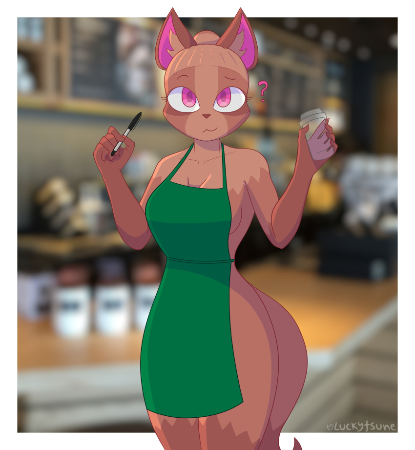 ? absurd_res anthro apron apron_only brown_body brown_fur canid canine clothing digital_media_(artwork) fan_character female fur hi_res humanoid i_mean_breast_milk looking_at_viewer luckytsune mammal meme mostly_nude pink_ears pink_eyes portrait raccoon_dog shaded solo tanuki