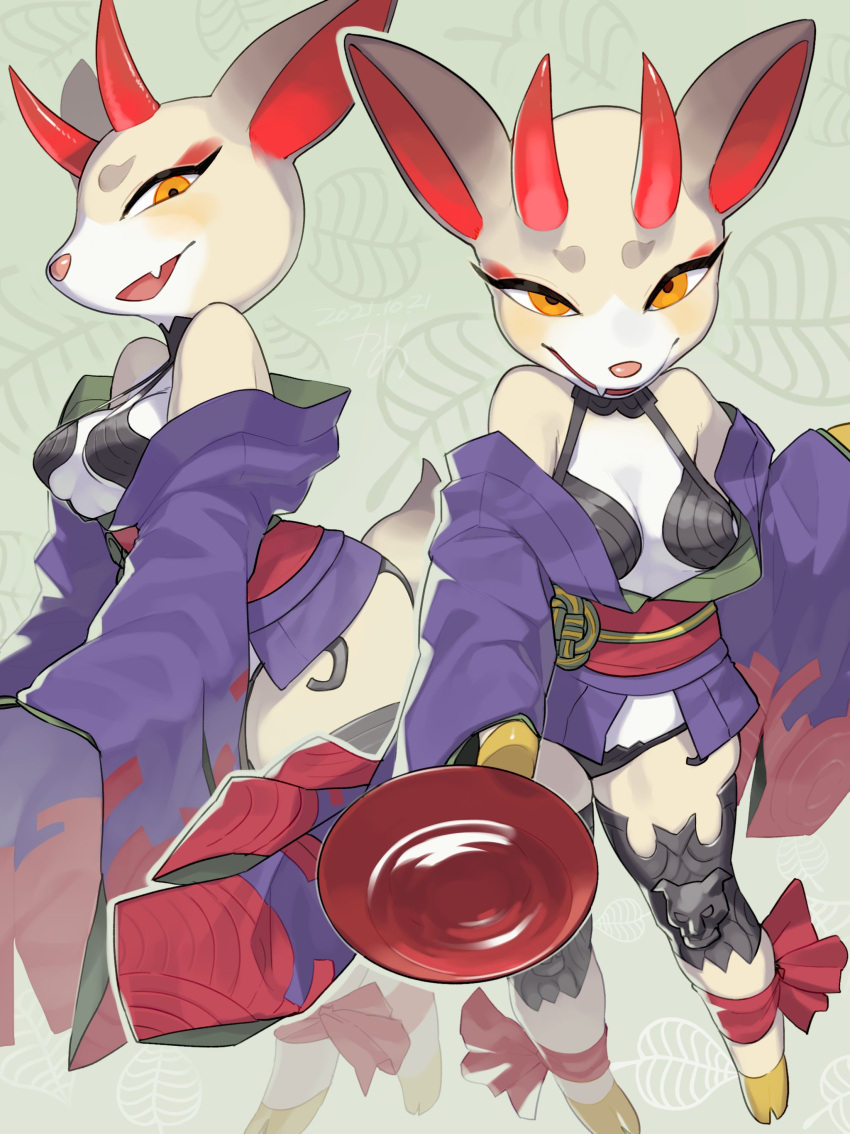 2021 absurd_res animal_crossing anthro asian_clothing assassin_shuten-douji cervid clothing digital_media_(artwork) east_asian_clothing fate_(series) female fur hi_res hooves horn japanese_clothing kame_3 kimono mammal multicolored_body multicolored_fur nintendo open_mouth open_smile panties pattern_background pink_nose red_horn sake_dish shaded shino_(animal_crossing) simple_background smile solo tan_body tan_fur two_tone_body two_tone_fur underwear video_games white_body white_fur yellow_eyes