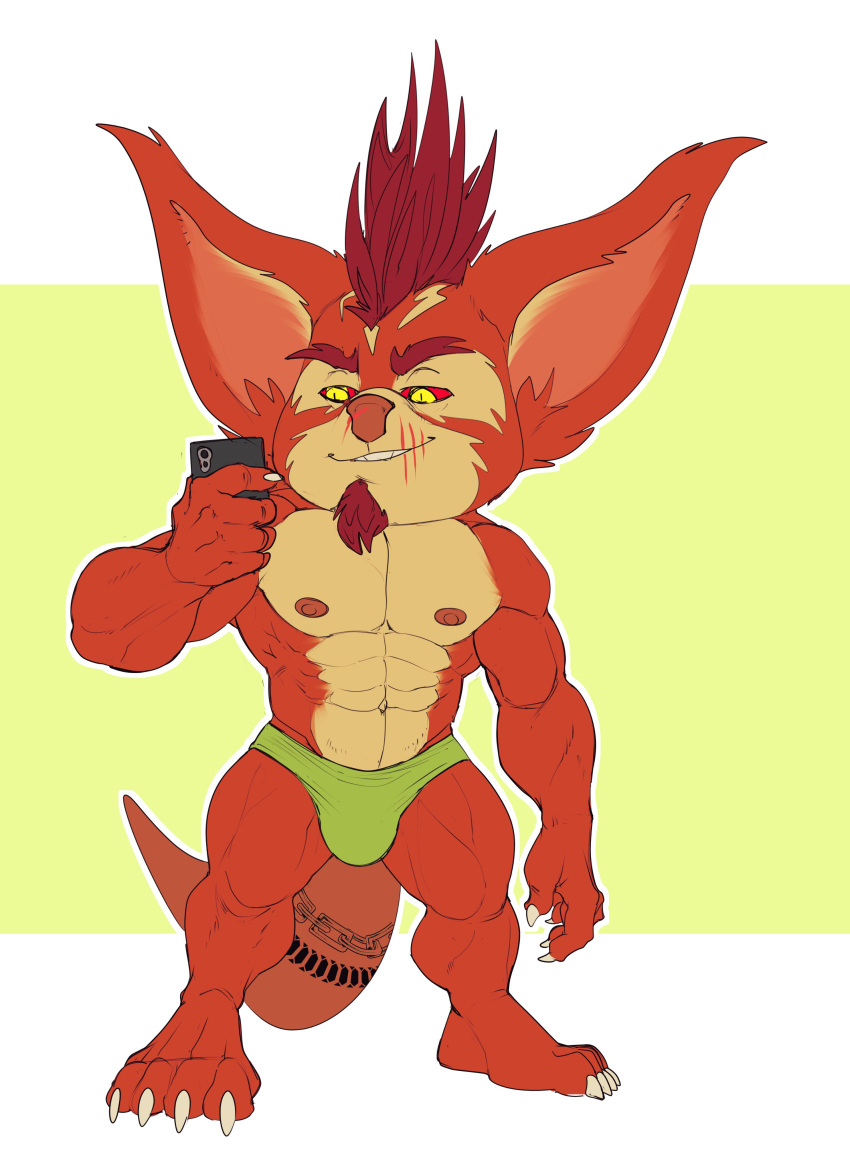2021 4_toes 5_fingers absurd_res anthro barefoot belly big_abs big_biceps big_calves big_ears big_pecs big_quads bitter_(bristol) bristol chua claws clothed clothed_anthro clothed_male clothing colored digital_drawing_(artwork) digital_media_(artwork) eyebrows facial_hair facial_markings fan_character feet fingers flat_colors fluffy_ears front_view full-length_portrait fur goatee green_background green_speedo head_markings hi_res holding_object holding_phone humanoid_hands long_pseudo_hair male mammal manly markings mask_(marking) mohawk multicolored_body multicolored_fur muscular muscular_anthro muscular_male navel nipples obliques orange_arms orange_body orange_face orange_feet orange_fingers orange_fur orange_hands orange_legs orange_tail orange_toes pecs phone pink_inner_ear pink_nipples plantigrade portrait pseudo_hair red_beard red_eyebrows red_pseudo_hair red_sclera selfie serratus short_anthro short_male simple_background standing tail_tattoo tan_belly tan_body tan_chest tan_face tan_fur tan_inner_ear tattoo thick_eyebrows toes topless topless_anthro topless_male two_tone_body two_tone_face two_tone_fur two_tone_inner_ear white_claws wildstar yellow_eyes
