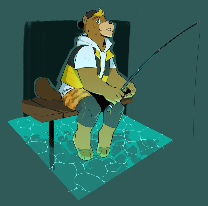 animal_crossing anthro beaver blonde_hair brown_body brown_fur buckteeth c.j._(animal_crossing) clothing dipping_toe fisherman fishing fishing_rod fur hair hat headgear headwear hi_res hoodie male mammal mashhpotatoes nintendo pier rodent solo teeth topwear vest video_games water