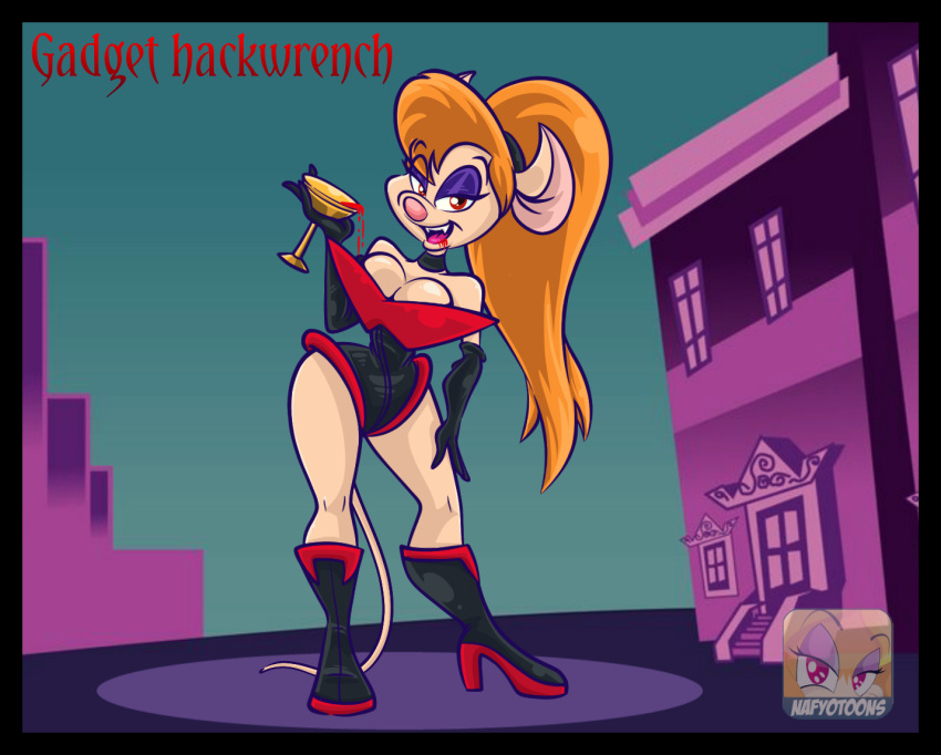 anthro black_border blood bodily_fluids border breasts chip_'n_dale_rescue_rangers clothing container cup disney female gadget_hackwrench hair high_heels mammal mouse murid murine nafyo-toons rodent solo vampire