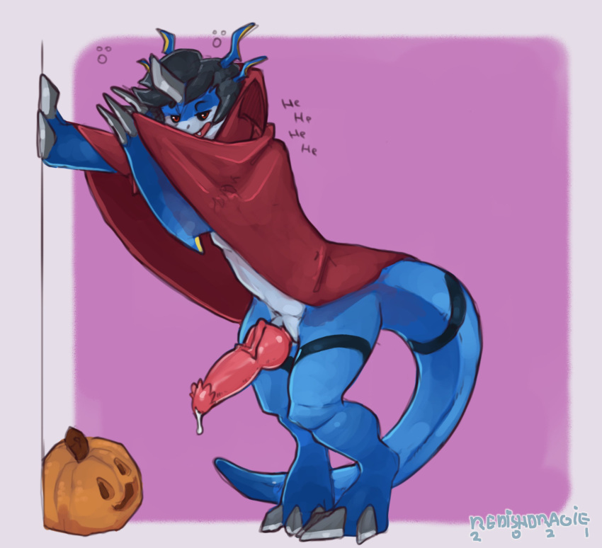 2021 absurd_res anthro bandai_namco black_hair blue_body blue_scales bodily_fluids bubble cape cape_only claws clothing costume digimon digimon_(species) dripping drunk drunk_bubble erection finger_claws flamedramon food fruit genital_fluids genitals grey_claws grey_horn hair hi_res horn jack-o'-lantern knot laugh leaning leaning_on_wall male mostly_nude multicolored_body multicolored_scales open_mouth penile_spines penis pink_background pink_knot pink_penis pink_tongue plant precum precum_drip pumpkin red_cape red_eyes redishdragie scales signature simple_background solo standing substance_intoxication teeth toe_claws tongue two_tone_body two_tone_scales vampire_costume vein veiny_knot veiny_penis white_background white_body white_scales