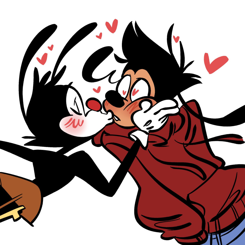 &lt;3 &lt;3_eyes 1:1 animaniacs anthro belt black_nose blush blush_lines bottomwear canid canine canis clothed clothing disney domestic_dog duo eyes_closed gloves goof_troop hand_on_cheek hand_on_face handwear hi_res inkblot kiss_on_lips kissing love male male/male mammal max_goof pants partially_clothed pickle_raye puffed_cheeks red_nose shared_heart simple_background squish surprise surprise_kiss surprised_expression surprised_face surprised_look sweater topwear touching_cheek touching_face warner_brothers white_background yakko_warner