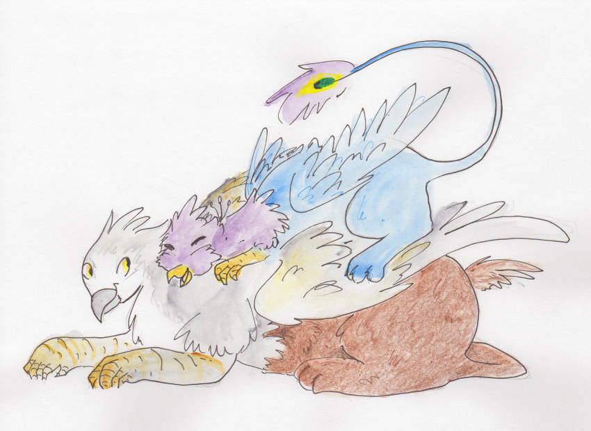 avian beak bird bird_feet blue_body duo feathered_wings feathers feral galliform green_eyes gryphon gyro_feather hi_res male mythological_avian mythology paws peafowl phasianid pink_body quadruped rocketponies size_difference tail_tuft tuft wings