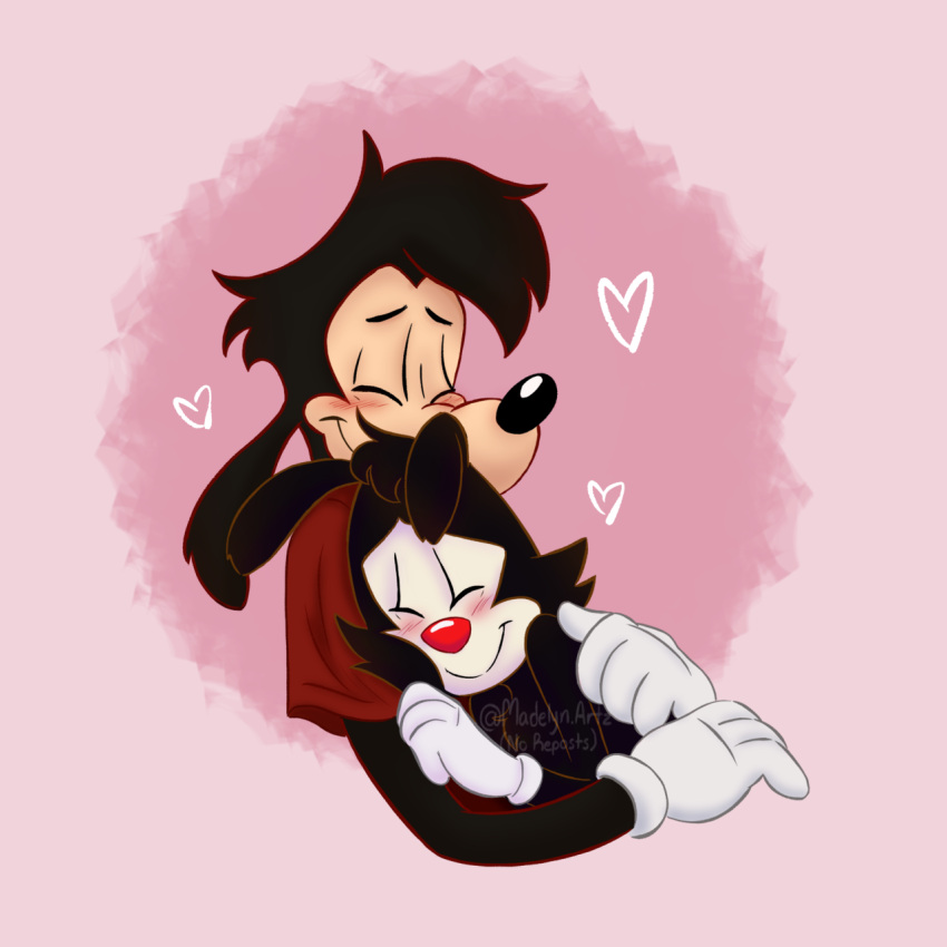 &lt;3 1:1 animaniacs anthro blush blush_lines canid canine canis clothed clothing cuddling disney domestic_dog duo embrace eyes_closed gloves goof_troop handwear happy hi_res holding_person hug inkblot love male male/male mammal max_goof pink_background red_nose simple_background smile unknown_artist warner_brothers yakko_warner