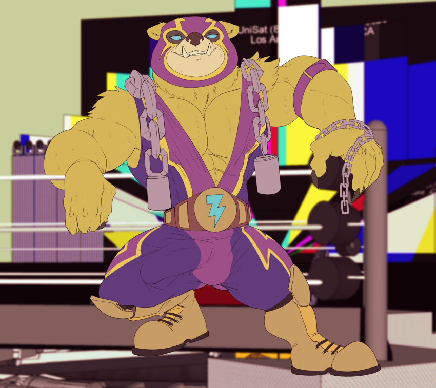 2021 4_fingers absurd_res alternate_color alternate_costume anthro arm_tuft balls_outline belly belt big_bulge blue_eyes bodily_fluids boots bristol brown_arms brown_belly brown_body brown_boots brown_chest brown_claws brown_clothing brown_ears brown_face brown_fingers brown_footwear brown_fur brown_hands brown_nose bulge claws clothed_anthro clothed_male clothing colored detailed_background digital_drawing_(artwork) digital_media_(artwork) ear_tuft fighting_ring fingers flat_colors footwear front_view full-length_portrait fur genital_outline hi_res humanoid_hands inside league_of_legends lightning_bolt male mammal mask multicolored_clothing muscular muscular_anthro muscular_male no_pupils no_sclera open_mouth open_smile portrait purple_clothing purple_mask riot_games smile smiling_at_viewer sports_mask sportswear standing sweat sweaty_arms sweaty_chest sweaty_face tan_face tuft two_tone_clothing two_tone_face two_tone_mask ursid video_games volibear wrestling_mask wrestling_outfit wrestling_singlet yellow_clothing yellow_mask