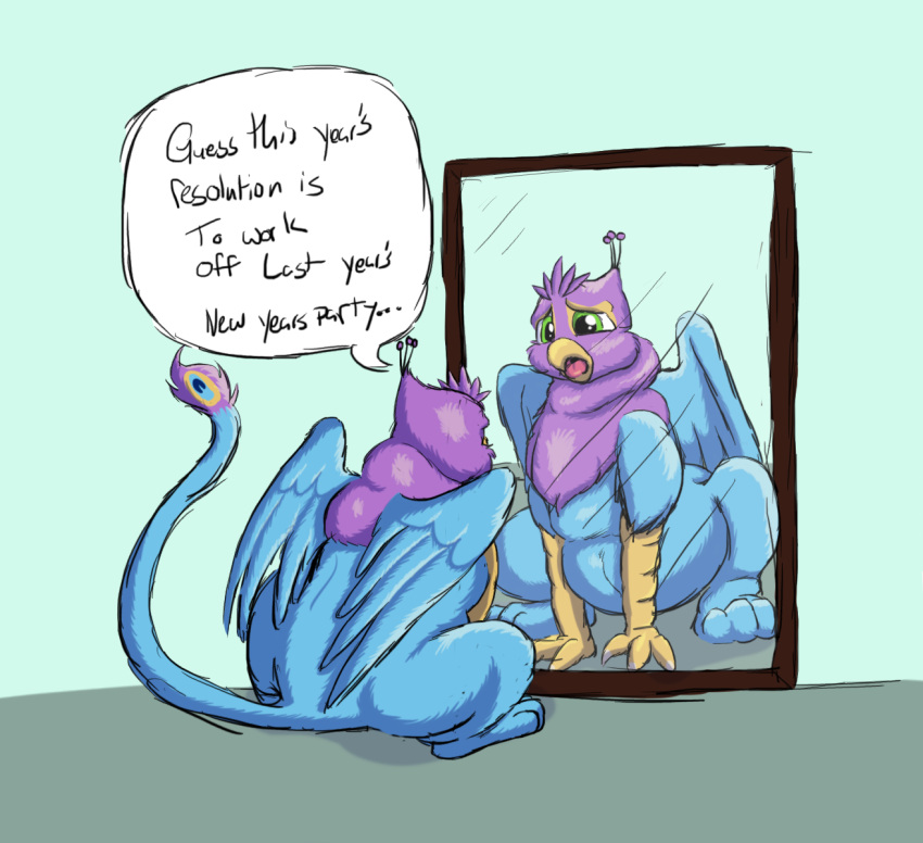 after_vore avian beak bird bird_feet blue_body feathered_wings feathers feral galliform gryphon gyro_feather gyrotech hasbro hi_res mirror my_little_pony mythological_avian mythology overweight paws peafowl phasianid pink_body quadruped silent_e tail_tuft tuft vore weight_gain wings