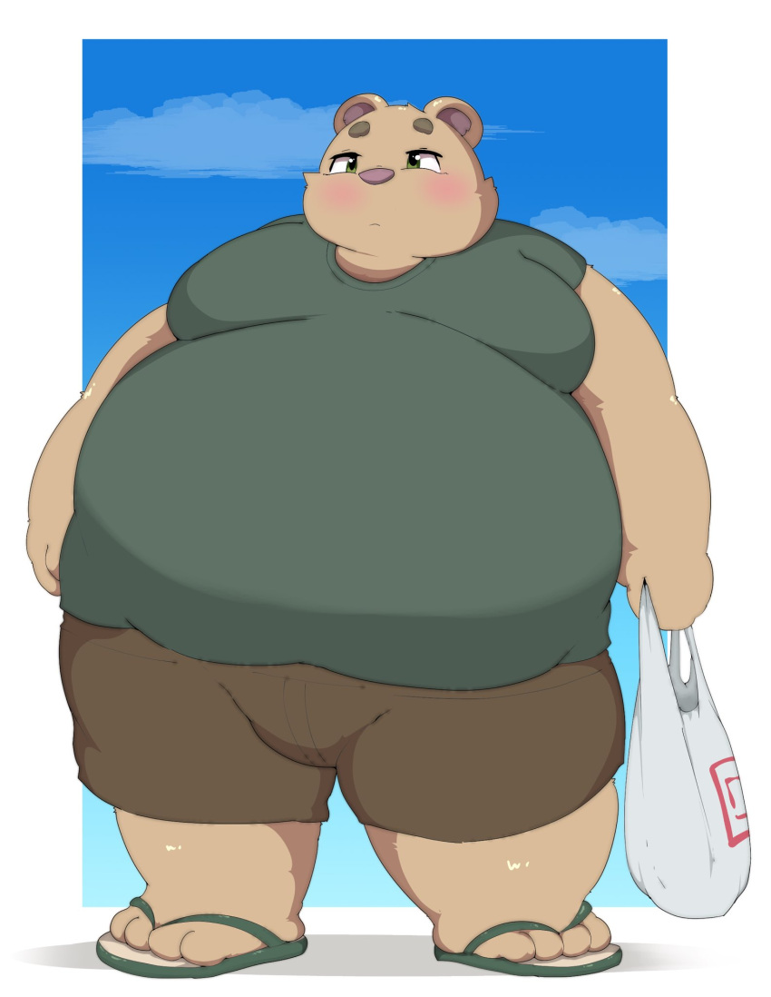 2021 anthro belly big_belly blush brown_body clothing footwear hi_res inigo_(kusosensei) kemono kusosensei male mammal obese obese_male overweight overweight_male sandals solo ursid