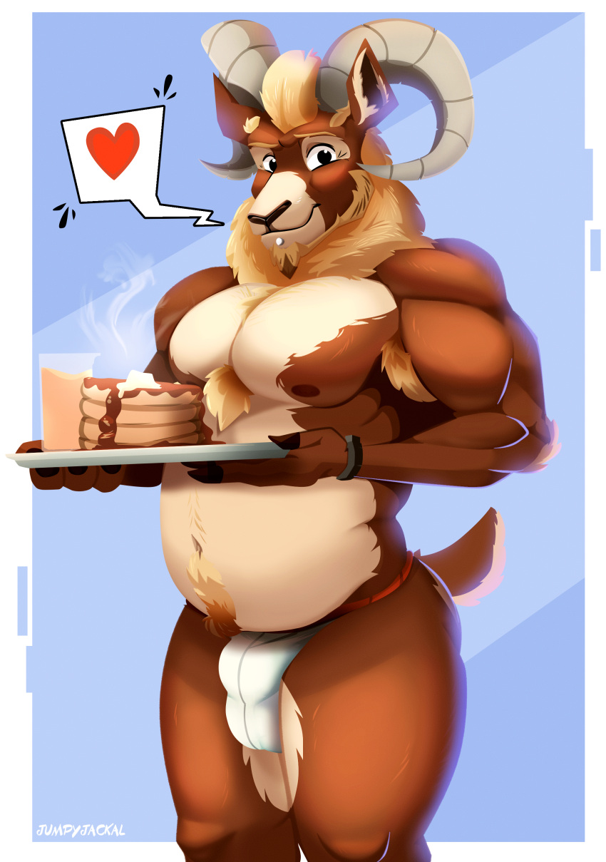 &lt;3 abstract_background absurd_res anthro armpit_hair aroma beard beverage biceps big_bulge bighorn_sheep blonde_hair blue_background body_hair bovid bulge caprine chest_hair chest_tuft chin_piercing clock clothing container cup ears_up elbow_tufts facial_hair food front_view fur goat_dad_(jumpyjackal) goatee grin hair happy happy_trail hi_res holding_food holding_object horn inner_ear_fluff jumpy_jackal large_pecs looking_at_viewer male mammal mature_male multicolored_body multicolored_fur musclegut muscular muscular_male navel neck_tuft nipples pancake platter presenting scut_tail sheep short_tail simple_background smile solo thick_thighs tuft two_tone_body two_tone_fur underwear watch wristwatch