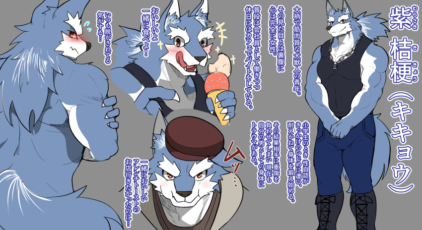 anthro blue_body blue_fur blush boots bottomwear canid canine canis chain chain_accessory character_request chigiri clothed clothing dessert eyebrows food footwear fur hat headgear headwear hi_res ice_cream japanese_text kemono licking licking_lips male mammal model_sheet murasaki_kikyou nude open_mouth pants pouting pouty red_eyes shirt smile solo standing tank_top text thick_eyebrows tongue tongue_out topwear translation_request were werecanid werecanine werewolf wolf