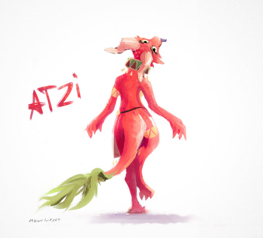 2021 anthro artist_name atzi bottomwear clothing female horn kind_lurker kobold light lighting loincloth looking_at_viewer looking_back looking_back_at_viewer rear_view red_body shaded simple_background solo white_background