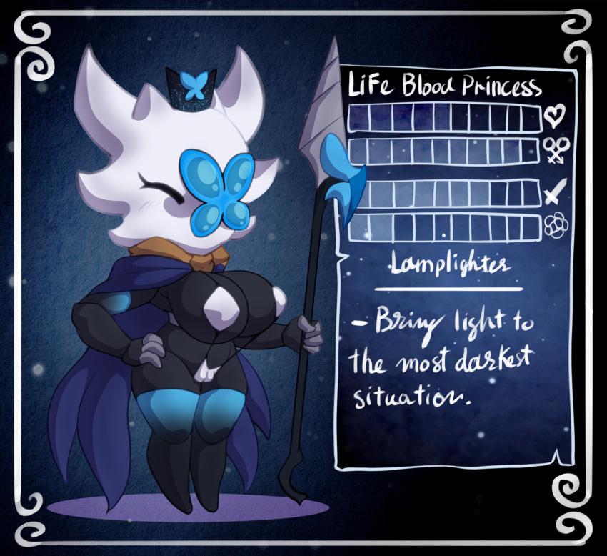 animal_humanoid areola arthropod arthropod_humanoid azura_inalis big_breasts bikini black_body black_sclera black_skin blush breasts cape chart clothed clothing cool_colors english_text fan_character female hi_res hollow_knight huge_breasts humanoid insect insect_humanoid joints lampy_(azura_inalis) legwear princess_and_conquest simple_background size_difference sling_bikini stockings swimwear team_cherry text thick_thighs video_games wide_hips