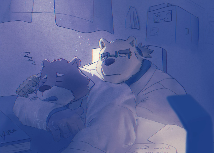 2021 acdim anthro clothing duo embrace eyes_closed eyewear glasses hi_res hug humanoid_hands jambavan kemono leib_(tas) lifewonders male mammal overweight overweight_male polar_bear shirt sitting sleeping tokyo_afterschool_summoners topwear ursid ursine video_games