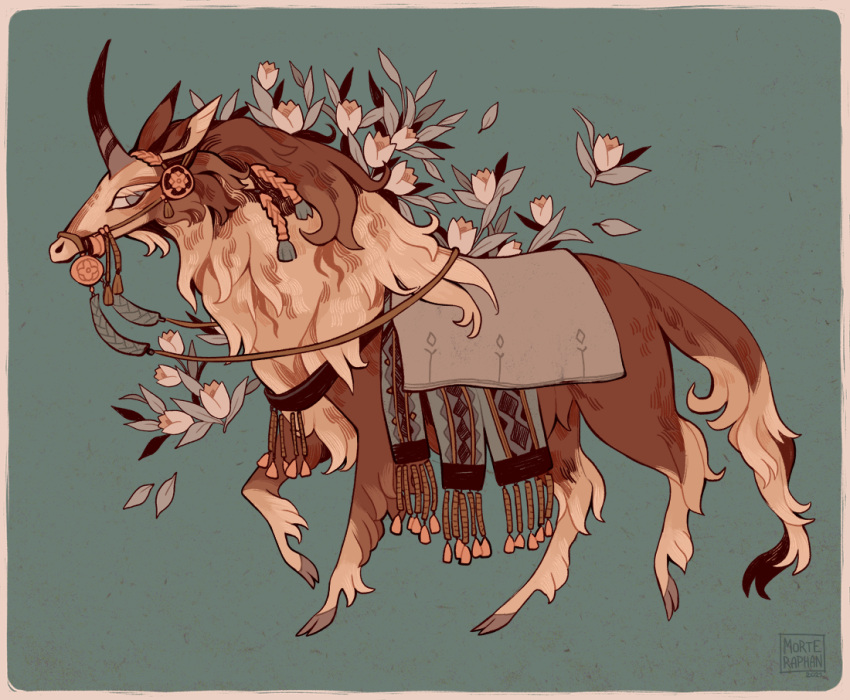 accessory ambiguous_gender bridle brown_body brown_fur clothing cloven_hooves equid equine feral flower flower_in_hair fur hair hair_accessory hooves horn leaf looking_back mammal morteraphan plant reins side_view simple_background solo tassels unicorn