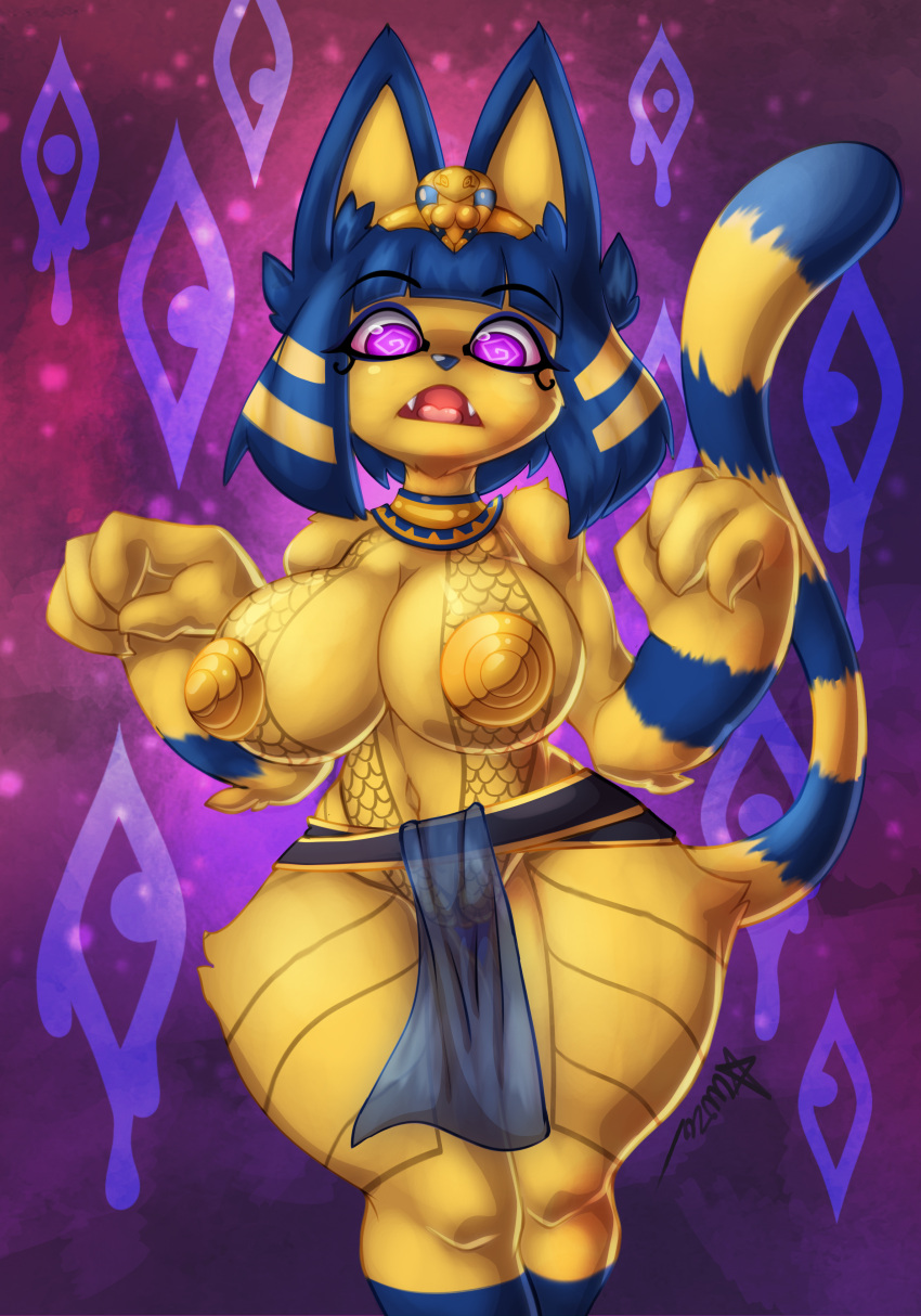 2021 absurd_res animal_crossing ankha_(animal_crossing) anthro areola azura_inalis big_breasts bikini_thong blue_hair bodypaint breasts clothing curvy_figure digital_media_(artwork) domestic_cat eyebrows eyelashes fangs felid feline felis female genitals glistening glistening_body hair hi_res huge_breasts hypnosis looking_at_viewer mammal mind_control narrowed_eyes nintendo nipples pasties pussy simple_background solo swimwear thick_thighs translucent video_games white_background wide_hips yellow_body