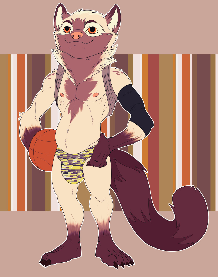 2021 5_fingers absurd_res anthro ball barefoot basketball big_eyes big_pupils big_tail black_armband bristol brown_arms brown_background brown_body brown_chest brown_claws brown_ears brown_face brown_feet brown_fingers brown_fur brown_hands brown_tail brown_toes bulge claws closed_smile clothed clothed_anthro clothed_male clothing colored digital_drawing_(artwork) digital_media_(artwork) domestic_ferret ear_tuft feet fingers flat_colors fluffy fur hand_on_hip head_tuft hi_res holding_ball holding_object humanoid_hands male mammal multicolored_body multicolored_fur mustela mustelid musteline navel neck_tuft nipples orange_background orange_eyes pink_nipples pink_nose plantigrade pupils simple_background solo standing tail_tuft tan_arms tan_body tan_chest tan_face tan_fur tan_inner_ear tan_legs three-quarter_view topless topless_anthro topless_male true_musteline tuft two_tone_arms two_tone_body two_tone_chest two_tone_face two_tone_fur white_background yellow_background