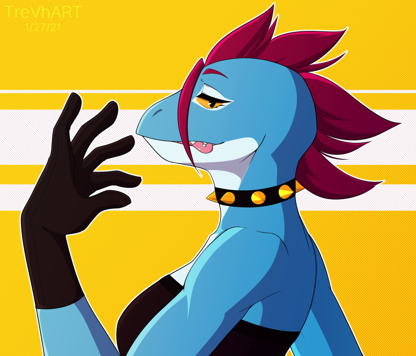 absurd_res anthro blue_body breasts clothing collar eyelashes female gloves handwear hi_res leather mohawk muscular piercing reptile scalie sharp_teeth solo spiked_collar spikes teeth tongue trevhart white_body