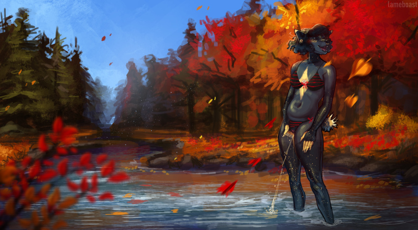 anthro autumn bikini bikini_aside black_body black_fur black_hair bodily_fluids canid canine canis clothing clothing_aside digital_media_(artwork) exhibitionism eyes_closed falling_leaves female fur genital_fluids genitals hair hi_res lake lameboast mammal navel open_mouth outside panties panties_aside peeing pussy river shaded solo strife_(lameboast) swimwear swimwear_aside underwear underwear_aside urine urine_stream watersports wolf