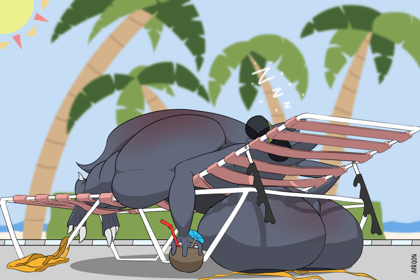 3:2 aarqon absurd_res anthro beverage big_breasts big_butt blue_body blue_scales breast_squish breasts butt butt_squish chair clawed_toes claws coconut_drink eyewear female furniture hi_res huge_breasts huge_butt hyper hyper_breasts kobold lounge_chair lying on_front plant scales short_stack sleeping solo squish sunbathing sunglasses tree tyveel_(aarqon) undressed