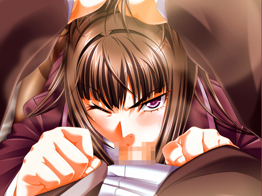 angry blush brown_hair business_suit censored clothed clothed_sex deepthroat fellatio forced hand_on_head irrumatio looking_at_viewer oral penis pov pov_eye_contact purple_eyes rape wink