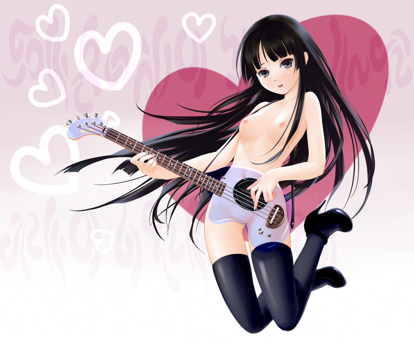 akiyama_mio bass_guitar black_eyes black_hair blush breasts heart high_heels instrument jumping k-on! long_hair medium_breasts nude pussy shoes solo thighhighs transparent yori_(shitsuon)