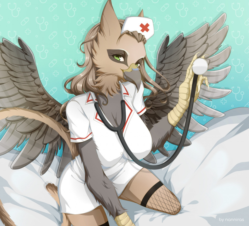 anthro avian bird black_clothing black_legwear breasts brown_body brown_feathers cleavage clothed clothing curvy_figure cyan_background dress feathers female fishnet fishnet_legwear green_eyes hat headgear headwear holding_object hourglass_figure kneeling legwear looking_at_viewer medical_instrument medium_breasts nanniras nurse nurse_clothing nurse_hat nurse_headwear nurse_uniform on_pillow pillow pose scientific_instrument simple_background small_waist smile solo spread_wings stethoscope uniform unknown_character white_clothing wings