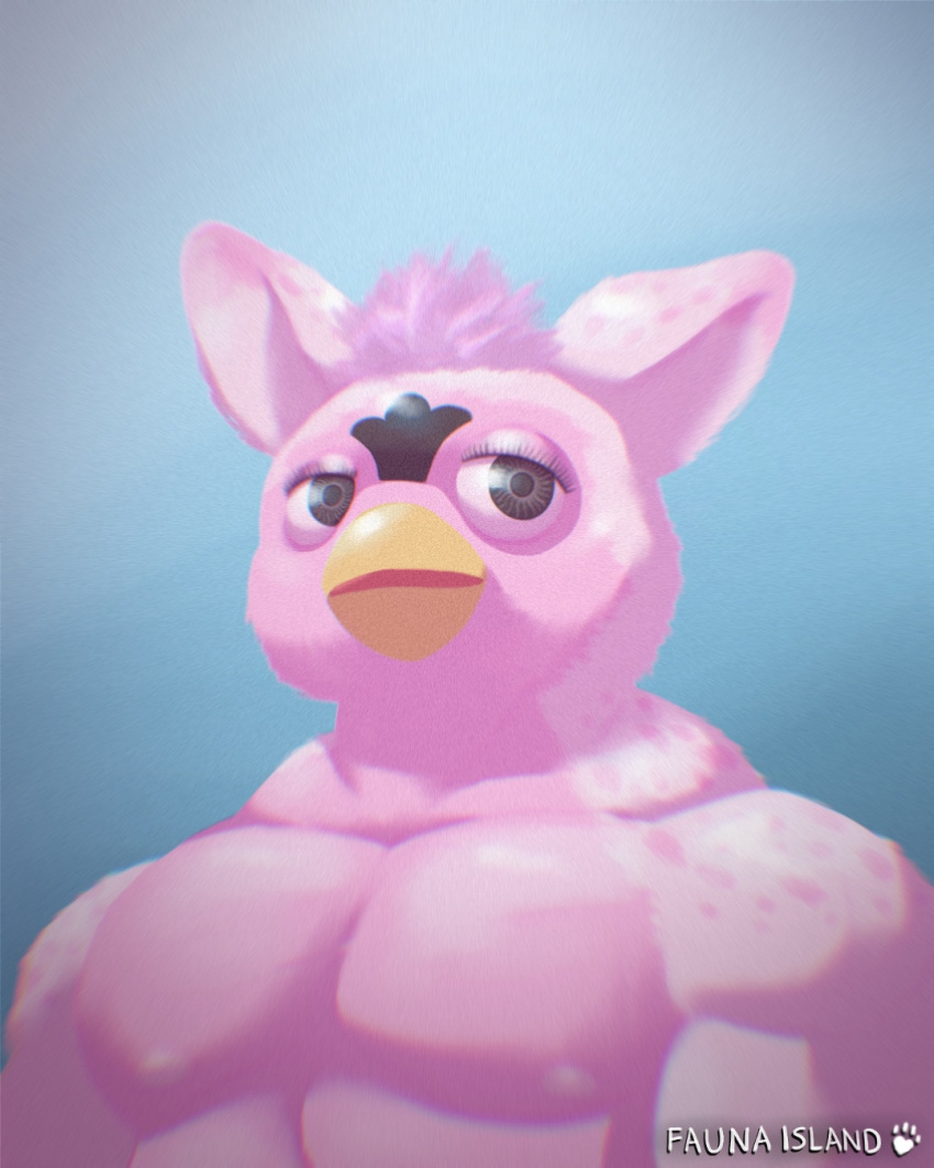 4:5 artist_name beak black_eyes black_markings bust_portrait eyelashes facial_markings fauna_island fur furby furby_(species) hair head_markings hi_res jock male markings muscular nipples pink_body pink_fur pink_hair portrait simple_background solo spots yellow_beak