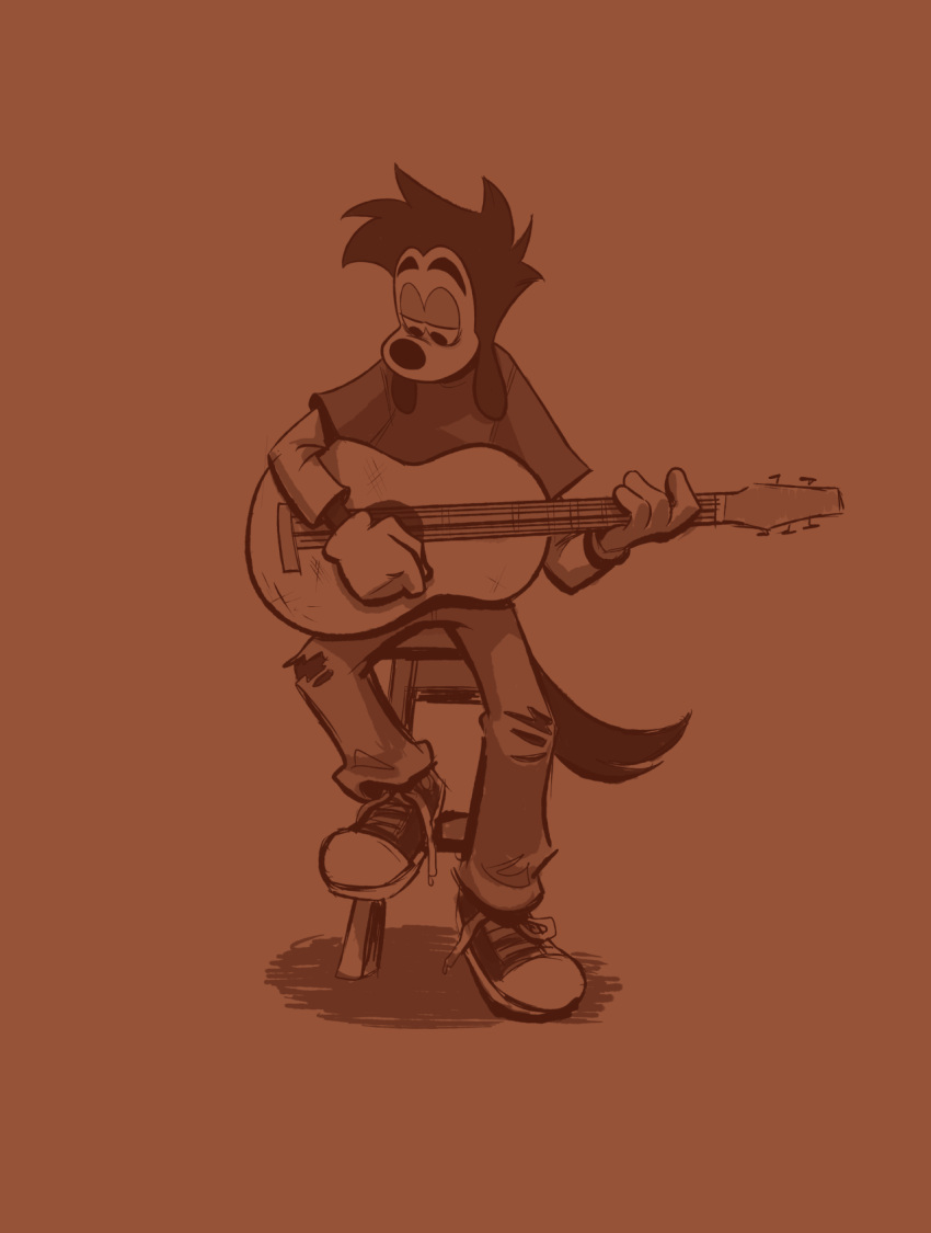 anthro bottomwear canid canine canis ciervorobot clothed clothing disney domestic_dog eyebrows footwear furniture gloves goof_troop guitar half-closed_eyes handwear hi_res holding_object looking_down male mammal max_goof musical_instrument narrowed_eyes pants playing_guitar playing_music plucked_string_instrument shirt shoes simple_background sitting solo stool string_instrument thick_eyebrows topwear