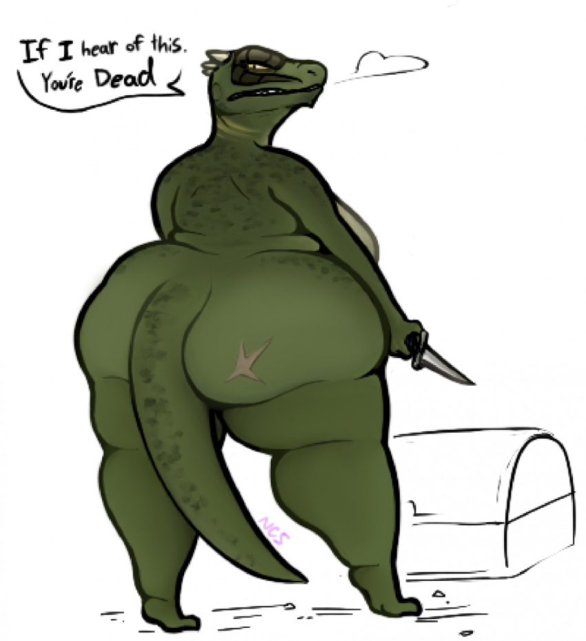 2021 angry anthro argonian bethesda_softworks big_breasts big_butt breasts butt butt_scar chest_(container) container countershade_torso countershading dagger dark_body deeja dialogue english_text female full-length_portrait green_body green_scales hi_res holding_dagger holding_melee_weapon holding_object holding_weapon horn huge_breasts huge_butt knife looking_back melee_weapon narrowed_eyes ncs non-mammal_breasts nude obese obese_anthro obese_female overweight overweight_anthro overweight_female partial_speech_bubble portrait pupils rear_view scales scalie scar sigh slit_pupils solo standing teeth text the_elder_scrolls thick_thighs treasure_chest video_games weapon wide_hips x_scar yellow_sclera