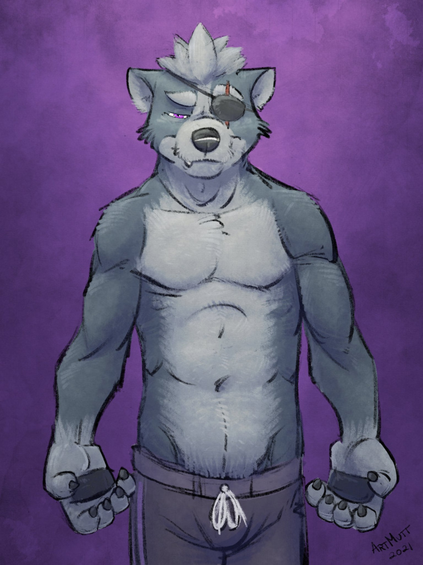 2021 abs anthro biped black_nose black_pawpads body_hair boxers_(clothing) canid canine canis cheek_tuft claws clothed clothing cute_fangs eye_patch eye_scar eyebrows eyewear facial_scar facial_tuft fangs fur gloves_(marking) grey_background grey_body grey_fur handpaw hands_behind_head head_tuft hi_res k-9 male mammal markings multicolored_body multicolored_fur muscular muscular_anthro muscular_male navel nintendo pawpads paws pecs purple_clothing purple_underwear scar sharp_teeth signature simple_background solo standing star_fox teeth topless topless_anthro topless_male tuft two_tone_body two_tone_fur underwear underwear_only video_games white_body white_fur wolf wolf_o'donnell