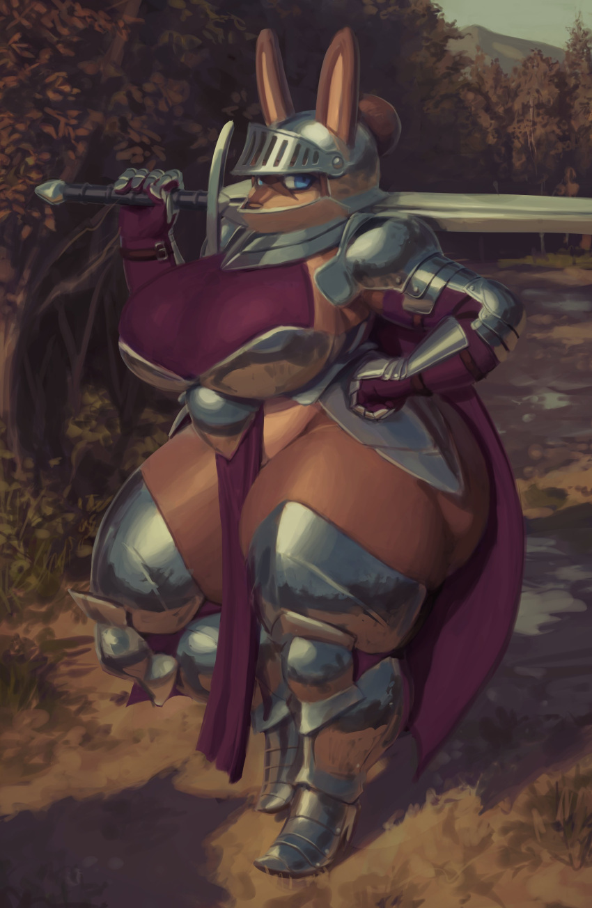 2021 absurd_res anthro armor big_breasts blue_eyes boots bottomwear breastplate breasts brown_nose clothing curvy_figure detailed_background female footwear furgonomics gloves grass hand_on_hip handwear headgear helmet hi_res holding_object holding_sword holding_weapon huge_breasts huge_thighs lagomorph leporid loincloth looking_at_viewer mammal melee_weapon outside patacon pauldron plant plate_armor rabbit slightly_chubby solo sword thick_thighs tree unconvincing_armor voluptuous weapon