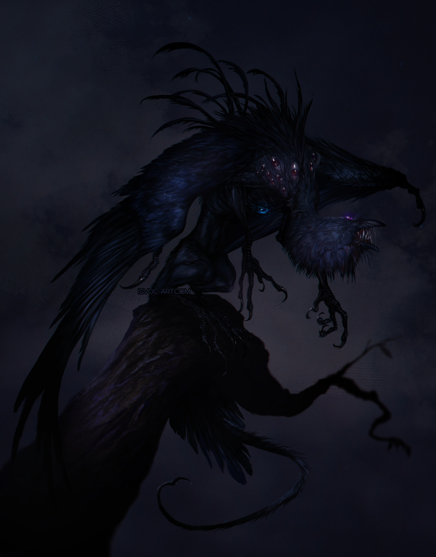 2021 ambiguous_gender black_body black_feathers digital_media_(artwork) feathered_wings feathers feral hi_res isvoc solo teeth wings