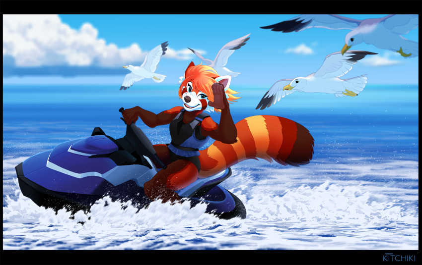 2021 5_fingers ailurid ambiguous_gender anthro breasts clothed clothing day detailed_background digital_media_(artwork) eyebrows eyelashes feathered_wings feathers female fingers fur group hair hi_res kitchiki mammal open_mouth outside red_panda sky smile solo teeth tongue wings