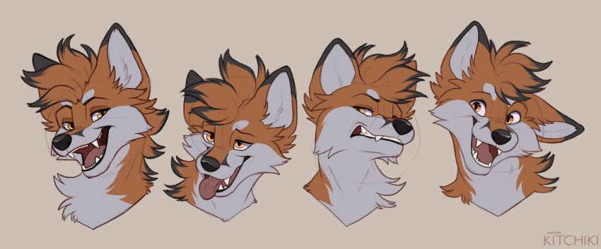 2021 ambiguous_gender black_nose brown_body brown_fur canid canine digital_media_(artwork) expression_sheet fox fur hair kitchiki mammal open_mouth orange_eyes smile solo teeth tongue tongue_out white_body white_fur