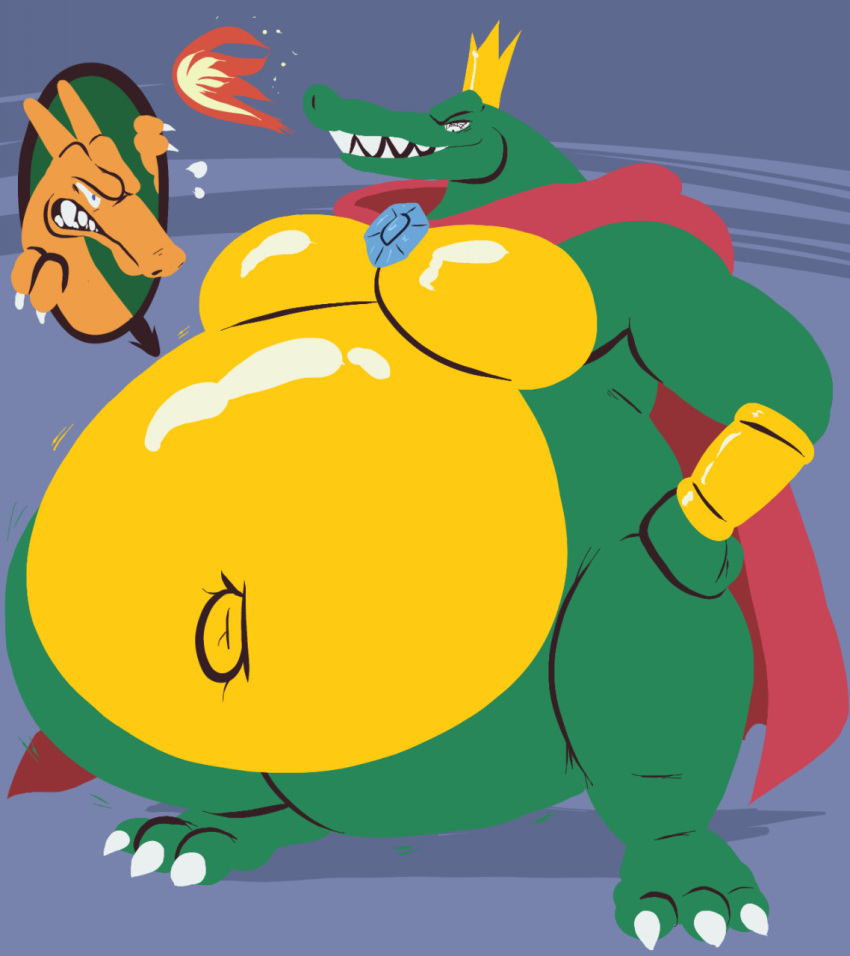 2021 3_toes abdominal_bulge abstract_background ambiguous_gender ambiguous_prey angry anthro anthro_focus anthro_pred belly biceps big_belly biped black_eyebrows bracelet breath_powers cape cape_only charizard claws clothing crocodilian crown cutaway digital_media_(artwork) donkey_kong_(series) dragon duo elemental_manipulation eyebrows fangs featureless_crotch feet feral feral_prey fire fire_breathing fire_manipulation flat_colors gem green_body green_scales grin hands_on_hips hi_res internal jewelry king king_k._rool kremling male male_focus male_pred mostly_nude musclegut muscular muscular_anthro muscular_male navel nintendo obese obese_anthro obese_male oral_vore orange_body orange_scales organs outie_navel overweight overweight_anthro overweight_male pecs pok&eacute;mon pok&eacute;mon_(species) reptile royalty scales scalie semi-anthro shadow sharp_teeth smile snout soft_vore solo_focus standing stomach teeth tehsquishyray thick_thighs toe_claws toes unwilling_vore video_games vore