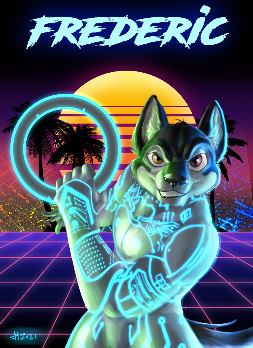 anthro badge canid canine canis domestic_dog glistening glistening_eyes heterochromia hi_res husky ironraptor looking_at_viewer male mammal nordic_sled_dog pink_eyes retro solo spitz synthwave tron yellow_eyes