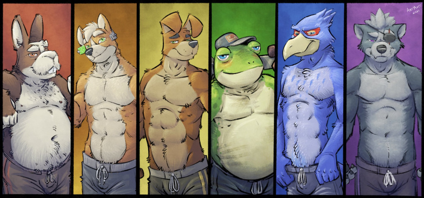 2021 abs amphibian anthro avian beak belly_tuft bill_grey biped bird black_nose black_pawpads blue_body blue_clothing blue_eyes blue_feathers blue_underwear blush body_hair boxers_(clothing) brown_body brown_clothing brown_fur brown_gloves brown_handwear buckteeth bulge canid canine canis claws clothed clothing cute_fangs domestic_dog elbow_tuft elderly_anthro elderly_male eye_patch eye_scar eyebrows eyewear facial_scar falco_lombardi falcon falconid fangs feathers floppy_ears fox fox_mccloud frog fur gesture gloves gloves_(marking) green_body green_eyes green_skin grey_body grey_clothing grey_fur grey_underwear group hand_wraps handpaw hands_behind_head handwear hat head_tuft headgear headphones headset headwear hi_res holding_clothing holding_object holding_tool holding_underwear holding_wrench hud k-9 lagomorph leporid lgbt_pride male mammal markings mechanic multicolored_body multicolored_feathers multicolored_fur multicolored_skin multiple_images muscular muscular_anthro muscular_male navel nintendo nipples oil old one_eye_closed orange_body orange_eyes orange_fur overweight overweight_anthro overweight_male pawpads paws pecs peppy_hare pink_nipples pride_color_background pride_colors purple_clothing purple_eyes purple_underwear rabbit rainbow_flag rainbow_pride_flag rainbow_symbol red_body red_feathers scar sharp_teeth signature simple_background six-stripe_rainbow_pride_colors slippy_toad smile standing star_fox tan_body tan_fur teeth thumbs_up tools topless topless_anthro topless_male tuft two_tone_body two_tone_fur two_tone_skin underwear underwear_only video_games white_body white_feathers white_fur white_skin wink wolf wolf_o'donnell wraps wrench yellow_beak