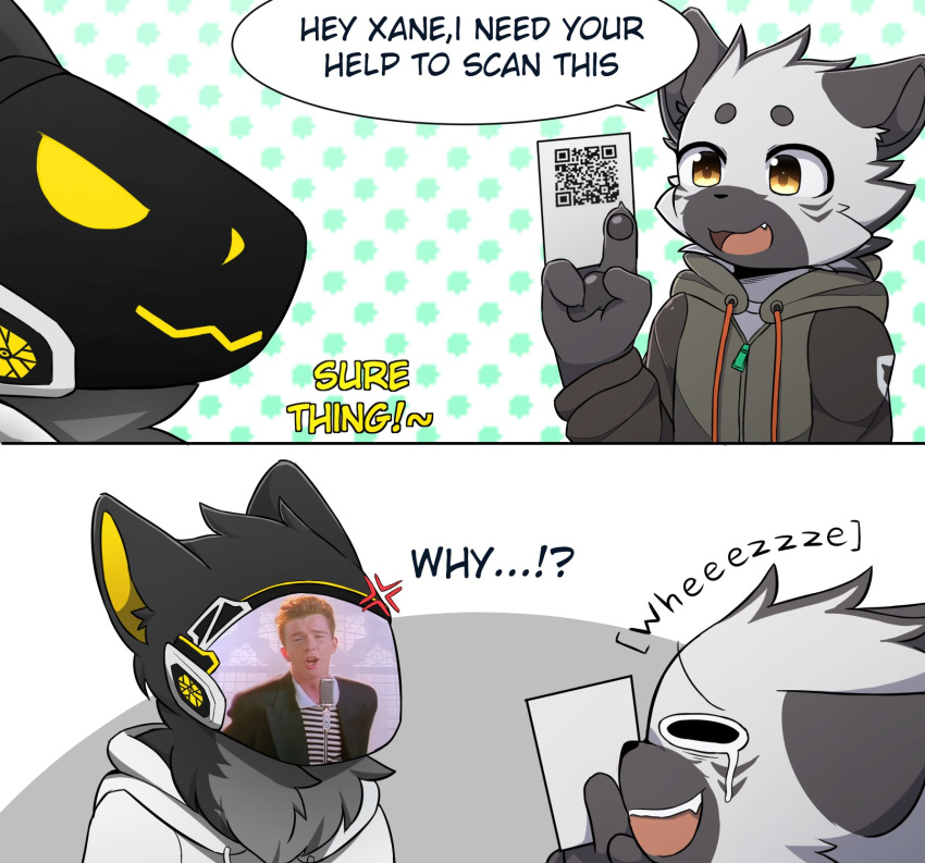 2021 4_fingers anthro card clothed clothing comic cross-popping_vein curved_text dialogue domestic_cat duo english_text felid feline felis fingers fur grey_body grey_fur hi_res holding_card holding_object holding_single_card hoodie human humor kimacats laugh machine male mammal meme name_in_dialogue open_mouth protogen qr_code real rick_astley rickroll screen screen_face short_snout snout speech_bubble text topwear visor