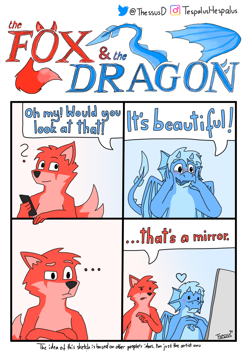 &lt;3 ... 2021 ? absurd_res anthro black_text blue_body blue_hair blue_scales blue_text blush canid canine cole_(fox_and_dragon) color_coded color_coded_text comic crossed_arms dialogue dragon duo emoticon english_text fox frill_(anatomy) fur hair hi_res holding_object holding_phone horn humor male mammal membrane_(anatomy) membranous_frill membranous_wings open_mouth owo phone polygonal_speech_bubble red_body red_fur red_text scales simple_background speech_bubble tedry_(fox_and_dragon) text thessus_(artist) wings