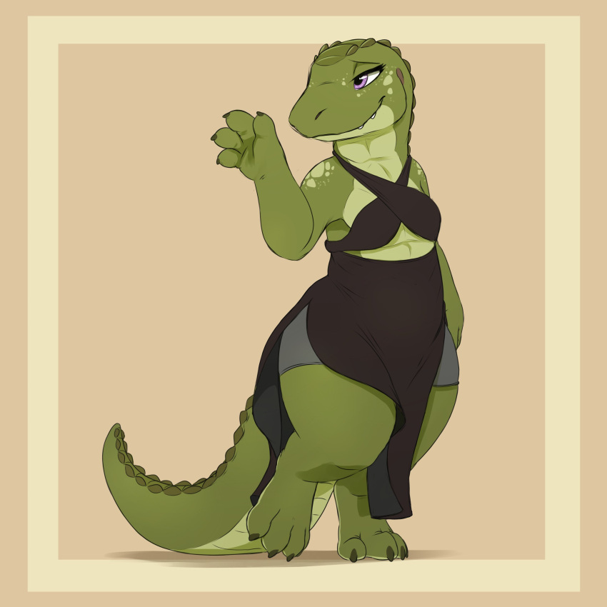 1:1 2021 absurd_res alligator alligatorid anthro border clothed clothing crocodilian female green_body hi_res louart purple_eyes reptile scalie simple_background smile solo tan_background yellow_border