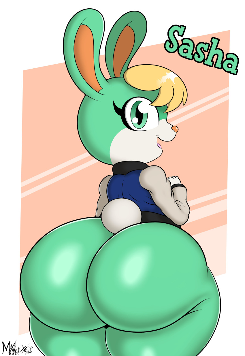 2021 absurd_res animal_crossing anthro big_butt blonde_hair bottomless butt clothed clothing crossgender digital_media_(artwork) female fur green_body green_fur hair hi_res huge_butt lagomorph leporid mammal mrxrickyx nintendo rabbit sasha_(animal_crossing) solo video_games