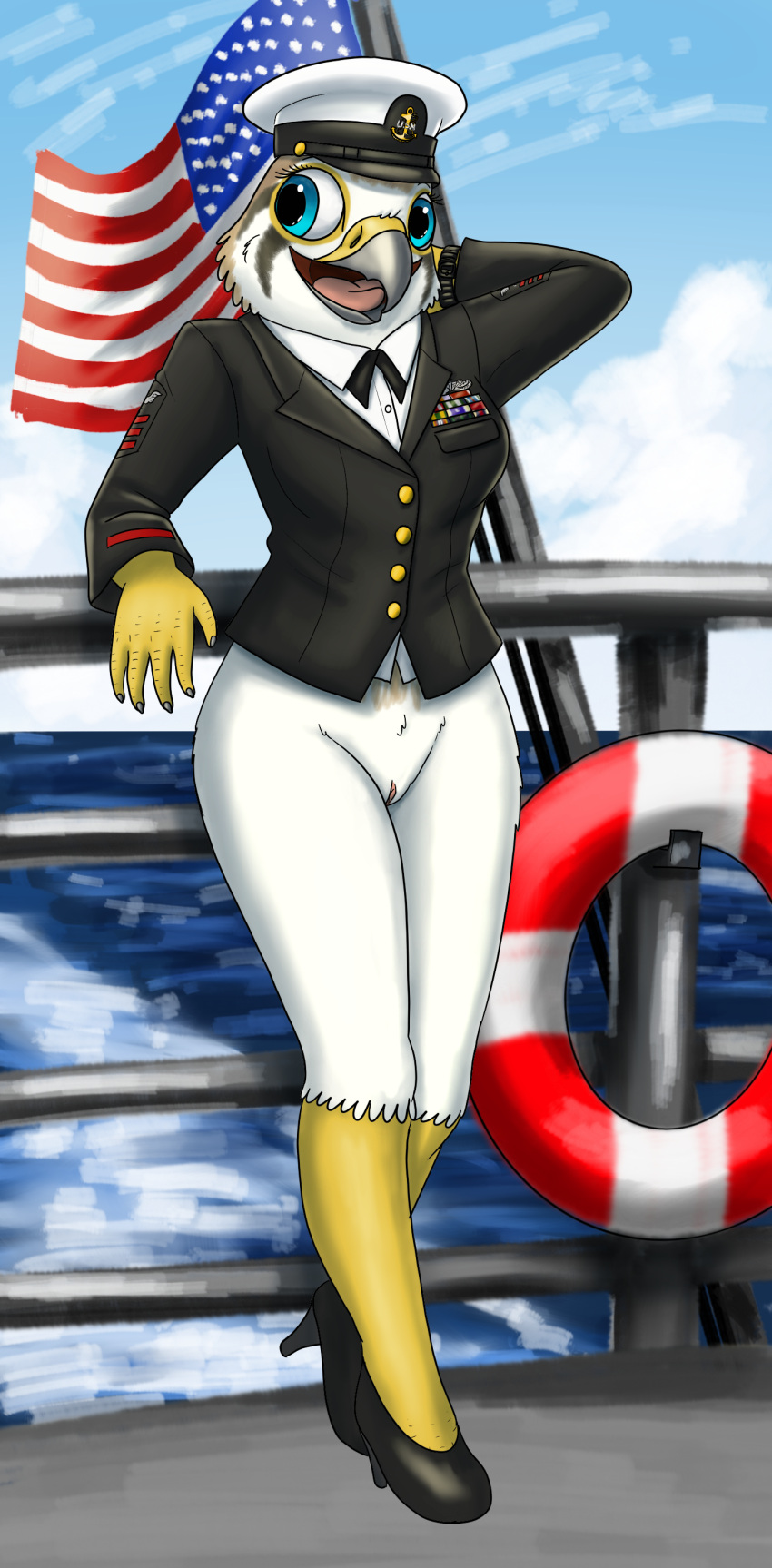 absurd_res anthro bottomless clothed clothing evy_(fish_birb) female fish_birb genitals hi_res high_heels navy navy_hat no_underwear partially_clothed pussy sea ship solo u.s._navy vehicle water watercraft